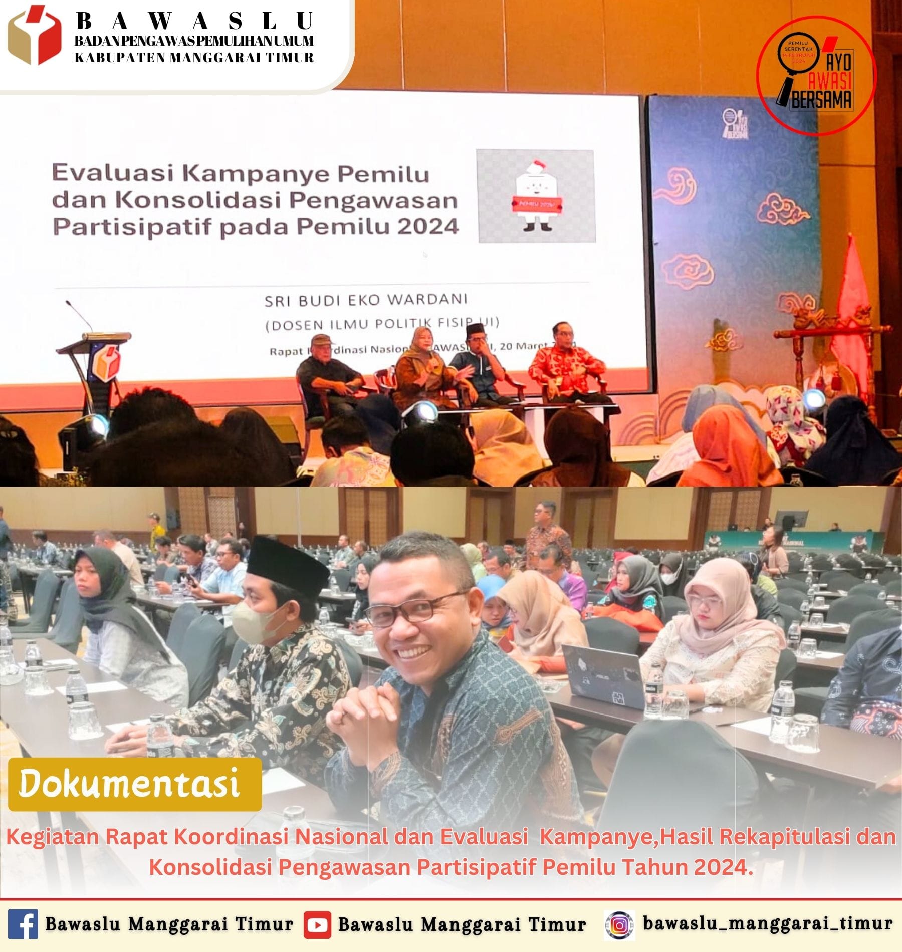 Doc. Anggota/Kordiv HP2H Bawaslu Manggarai Timur, Maksimilianus Ukut saat menghadiri kegiatan Rapat Koordinasi Nasional Evaluasi Kampanye Hasil Rekapitulasi dan Konsolidasi Pengawasan Partisipatif pada Pemilu Tahun 2024